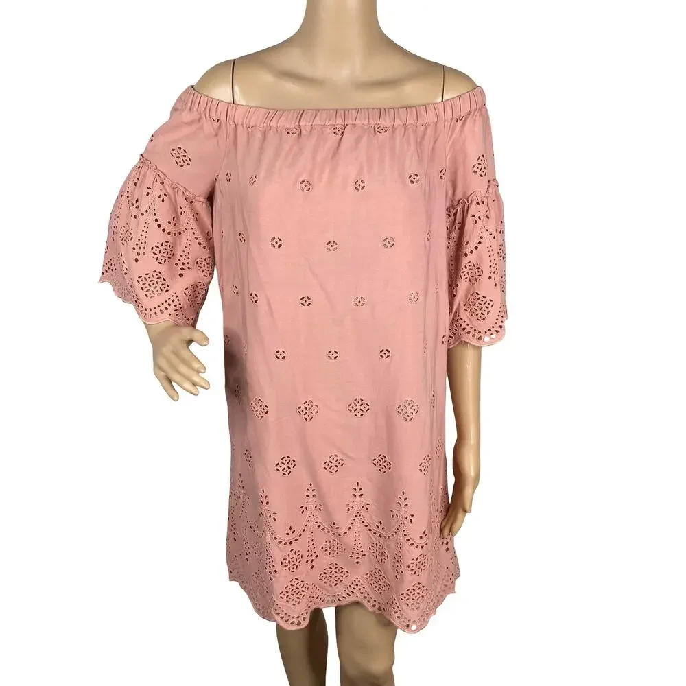 Madewell Dusty Pink Eyelet Off The Shoulder Dress Scalloped Flutter Sleeve Sz 6